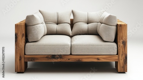 Modern sofa with wooden frame and plush cushions for comfort.