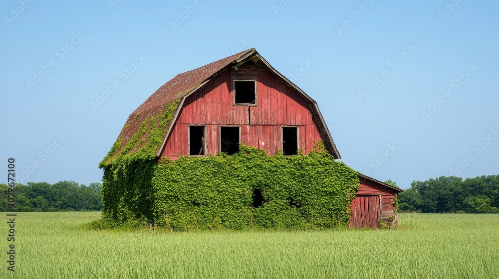 A rustic red barn overgrown with greenery stands tall in a serene field, symbolizing nature's reclaiming of farmland. A rustic red barn overgrown with greenery stands tall in a serene field, symbolizing nature's reclaiming of farmland.
