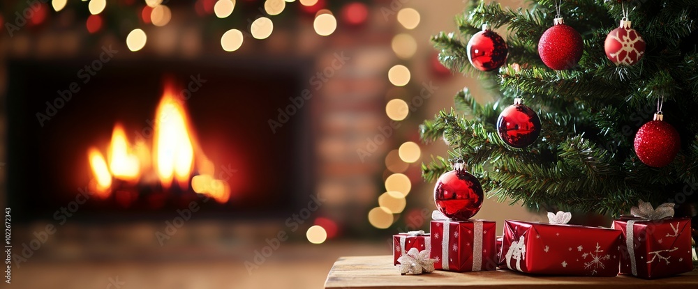 Christmas tree with red ornaments and gifts on a wooden table, blurred burning fireplace in background, wide panoramic holiday scene. Christmas tree with red ornaments and gifts on a wooden table, blurred burning fireplace in background, wide panoramic holiday scene.