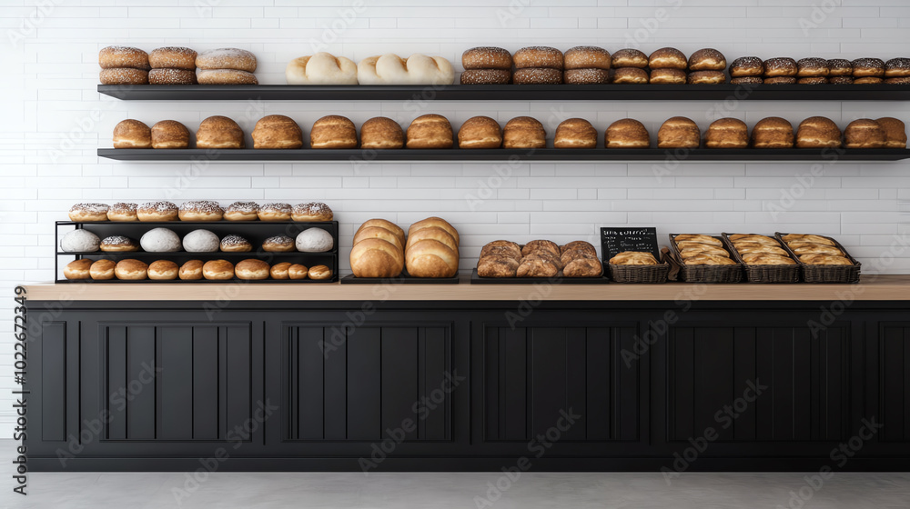 Freshly baked bread displayed on shelves in a modern bakery. Various types of bread, including loaves and rolls, are neatly arranged, inviting customers to enjoy delicious options. Freshly baked bread displayed on shelves in a modern bakery. Various types of bread, including loaves and rolls, are neatly arranged, inviting customers to enjoy delicious options.