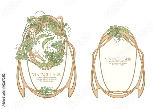 Green peas. Branch with leaves and pods with peas. Border, frame, template for menu page, product label, cosmetic packaging. Vector illustration. In art nouveau style, vintage, old, retro style.