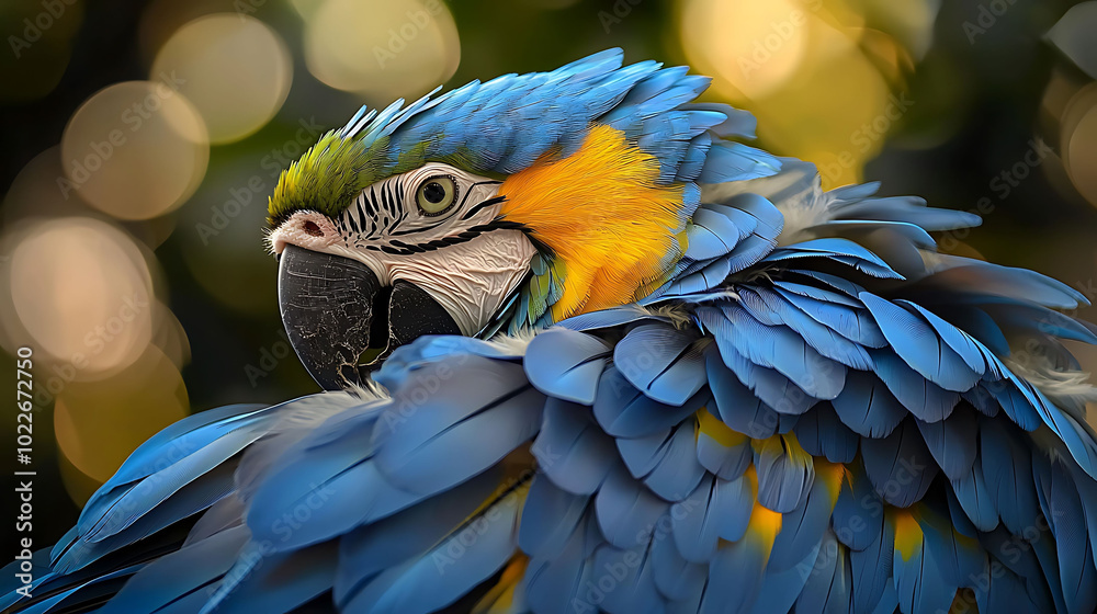 Obraz premium A close-up of a blue and yellow macaw with its head turned to the side. The bird is in focus, while the background is blurred, creating a bokeh effect.