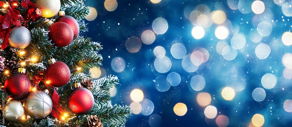 Christmas tree with decorations on a dark blue background with festive bokeh lights, wide format holiday scene. Christmas tree with decorations on a dark blue background with festive bokeh lights, wide format holiday scene.