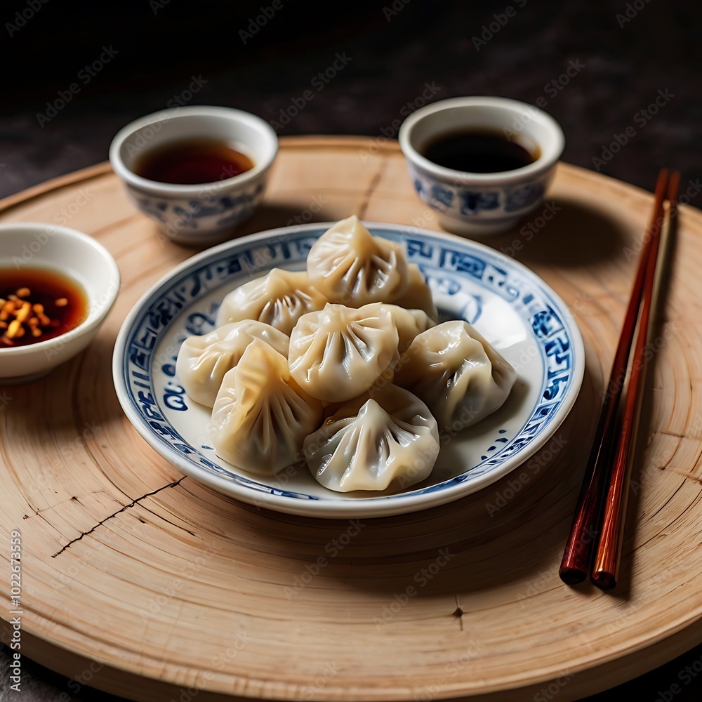 Plate of Chinese dumplings served with sauces Plate of Chinese dumplings served with sauces