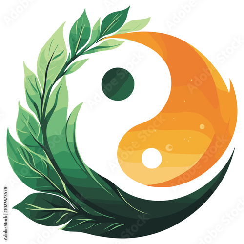 Floral Yin Yang Symbol with Greenery and Leafy Accents