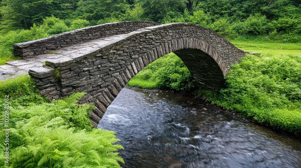 Fototapeta premium A picturesque stone bridge arching gracefully over a serene stream, surrounded by lush greenery and vibrant nature.