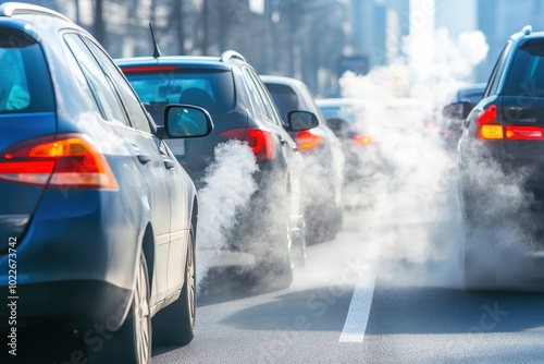 Traffic standstill, a visible shroud of smoke rising from idling vehicles. symbol of air pollution