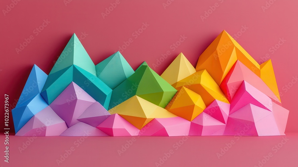 Colorful paper mountain models against a pink background, perfect for creative designs. Colorful paper mountain models against a pink background, perfect for creative designs.