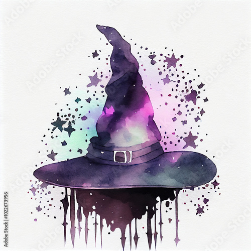 Enchanting watercolor witch hat with a galaxy of stars. playful design blends vibrant colors with a dreamy, anime style. Perfect for Halloween themes, magic concepts, or imaginative decorations photo