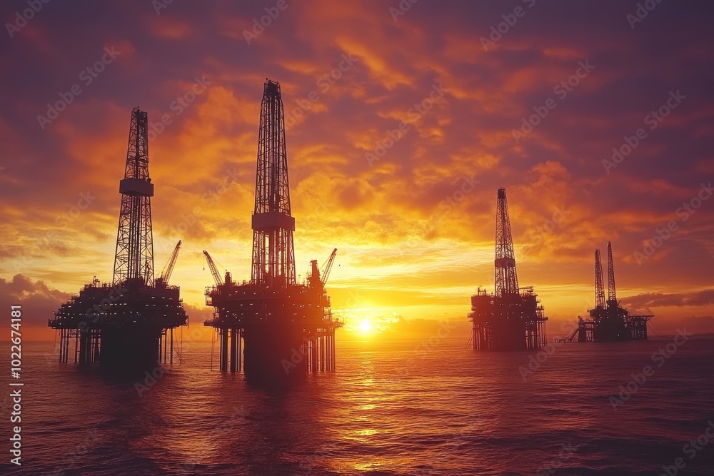 Obraz premium A sunset over the ocean with four oil rigs in the background