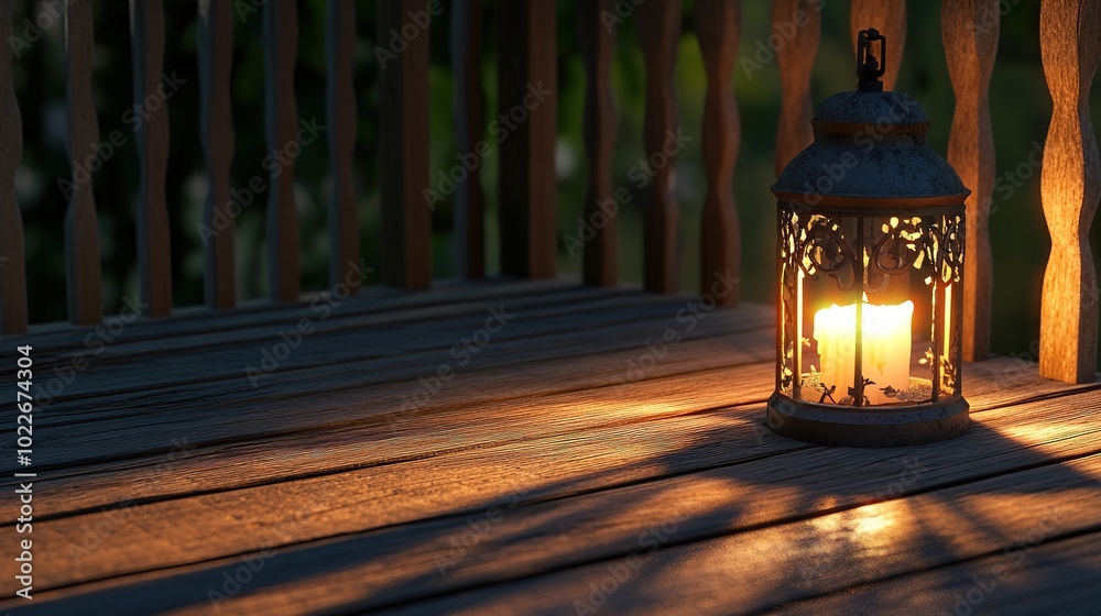 Rustic lantern with a lit candle on a wooden deck at dusk Rustic lantern with a lit candle on a wooden deck at dusk