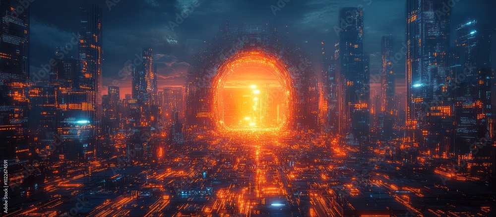 Obraz premium Futuristic cityscape with a glowing portal in the distance.