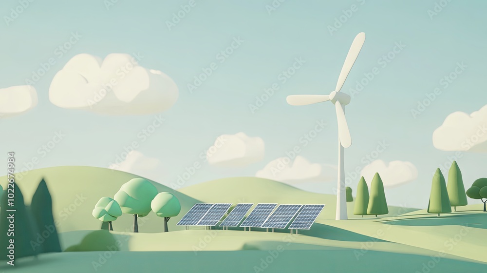 Obraz premium A minimalist 3D cartoon scene of a compact renewable energy farm, featuring a small row of solar panels and one large wind turbine, set on a flat, green landscape, with clean, bright colors