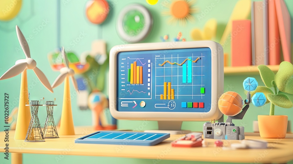A whimsical 3D cartoon setup of a renewable energy monitoring station, featuring an oversized digital screen with animated charts for solar and wind power, colorful icons, and small A whimsical 3D cartoon setup of a renewable energy monitoring station, featuring an oversized digital screen with animated charts for solar and wind power, colorful icons, and small