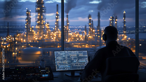 A worker in a control room overlooking a large industrial facility at night.