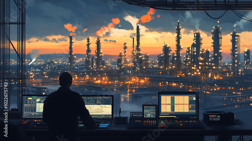 A man sits in a control room overlooking a large industrial complex at sunset.