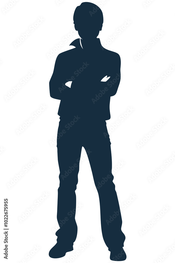 Vector image on transparent background of a silhouette of a single person standing with arms crossed, looking thoughtful Vector image on transparent background of a silhouette of a single person standing with arms crossed, looking thoughtful