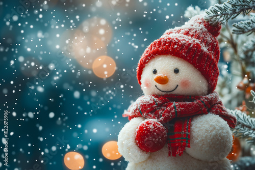 A snowman wearing a red hat and scarf standing next to a Christmas tree