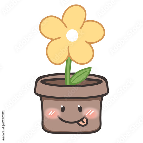 The image shows a yellow flower blossoming in a pot, surrounded by lush green leaves, symbolizing nature and growth, with a cartoonish and floral design in a spring garden setting