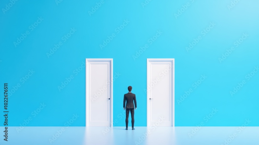 Obraz premium A figure trapped in a room with two opposing doors, each offering a different path, but both leading to an unknown destination.