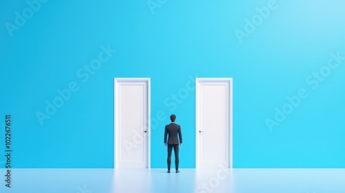 A figure trapped in a room with two opposing doors, each offering a different path, but both leading to an unknown destination.