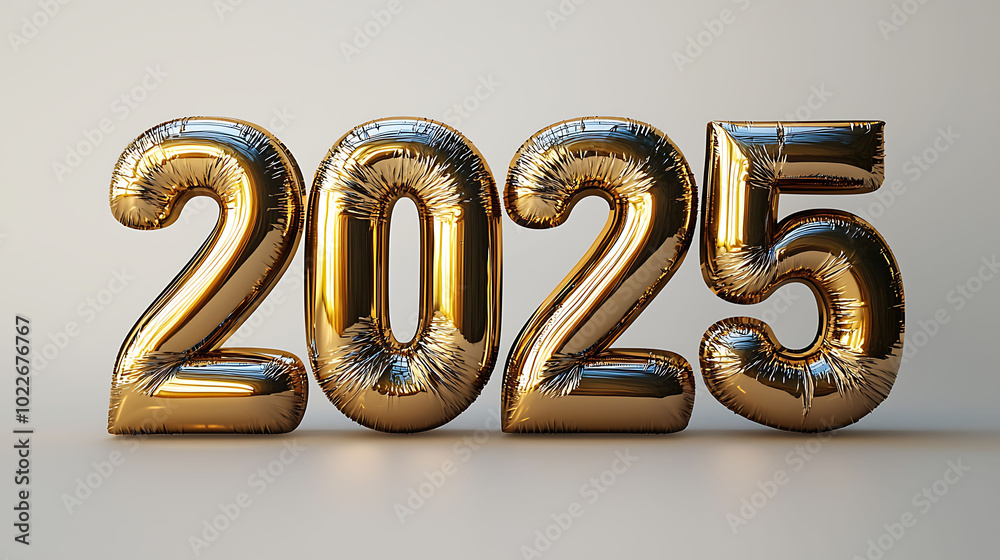 Gold foil balloons spelling out the year 2025 against a white background. Gold foil balloons spelling out the year 2025 against a white background.