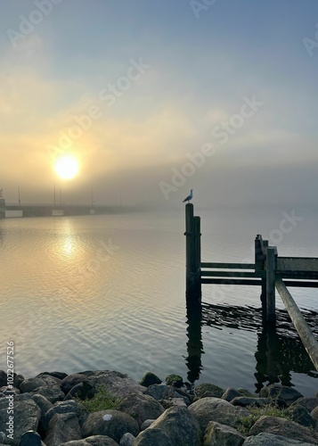 A tranquil sunrise over a misty lake, with a wooden pier and a bird perched on the post. Calm waters reflect the soft sunlight, creating a peaceful, serene atmosphere.