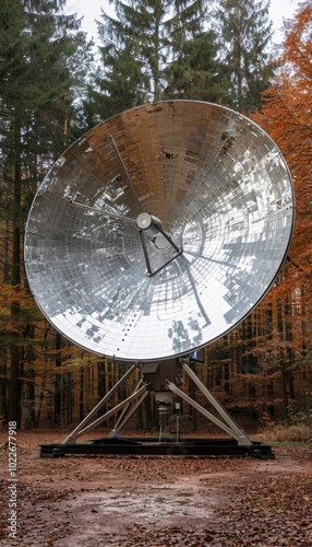 A large satellite dish stands tall in a forest, surrounded by trees with autumnal foliage.