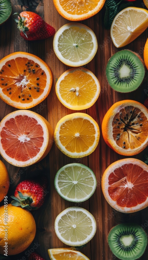 A vibrant mix of sliced citrus fruits, kiwi, and strawberries arranged on a wooden surface. A vibrant mix of sliced citrus fruits, kiwi, and strawberries arranged on a wooden surface.