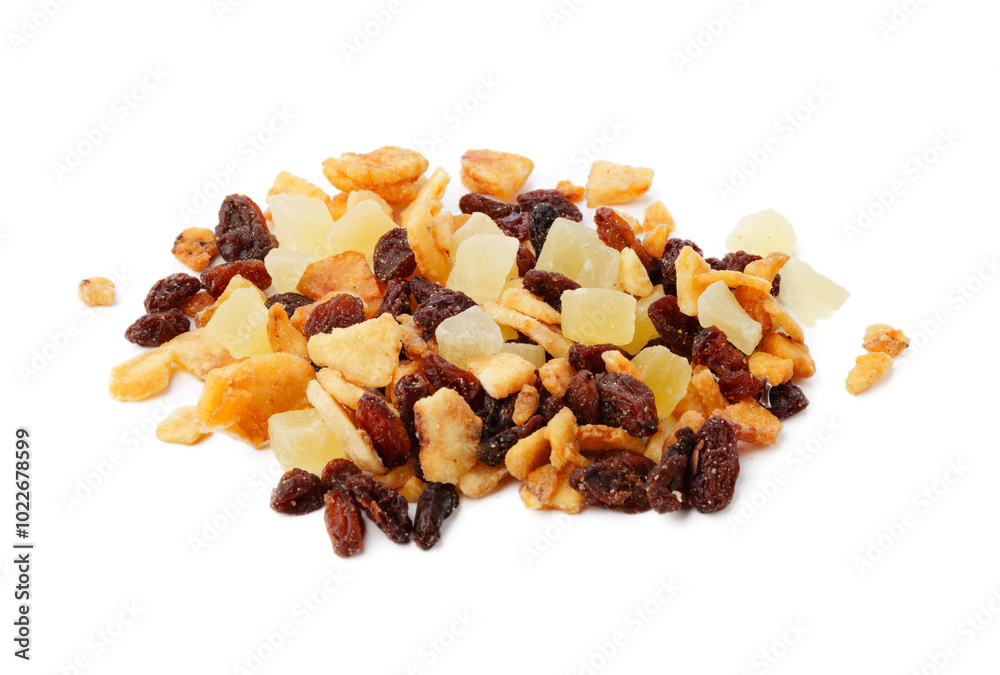 A colorful mix of dried fruits, nuts, and seeds on a clean white background A colorful mix of dried fruits, nuts, and seeds on a clean white background