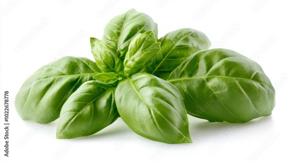 A sprig of fresh green basil leaves isolated on a white background. A sprig of fresh green basil leaves isolated on a white background.