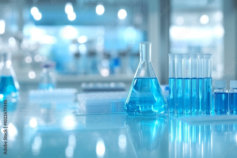 Pharmaceutical Lab with Glassware and Blurred Background, leaving space for text in a clean, medical-themed design Pharmaceutical Lab with Glassware and Blurred Background, leaving space for text in a clean, medical-themed design
