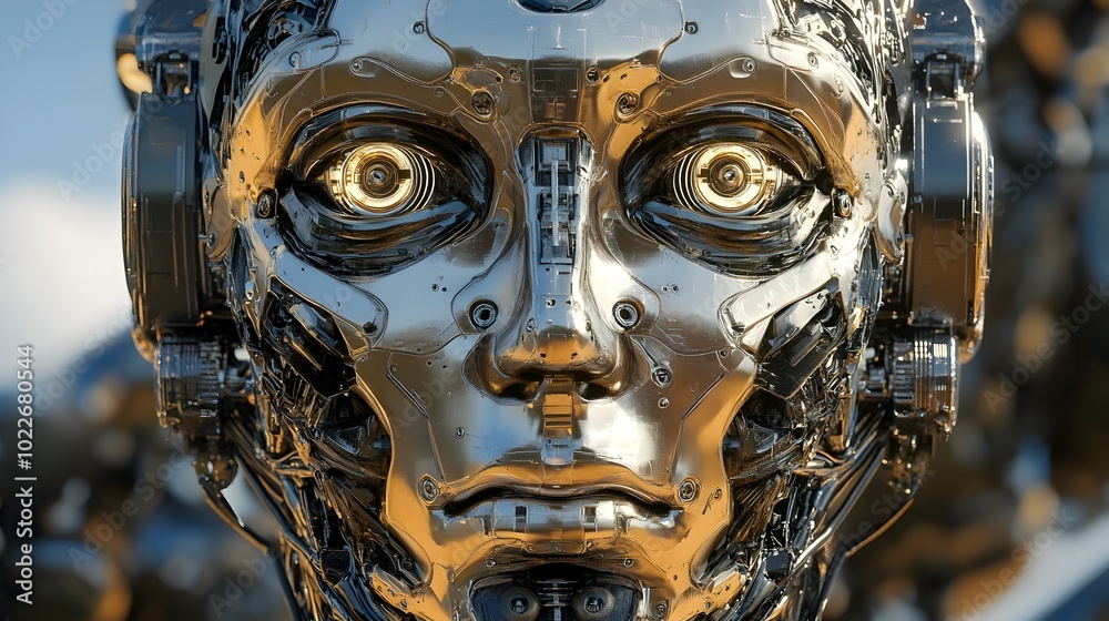 Symmetrical Robotic Face in Futuristic Metallic Design with High Tech Detailing Symmetrical Robotic Face in Futuristic Metallic Design with High Tech Detailing