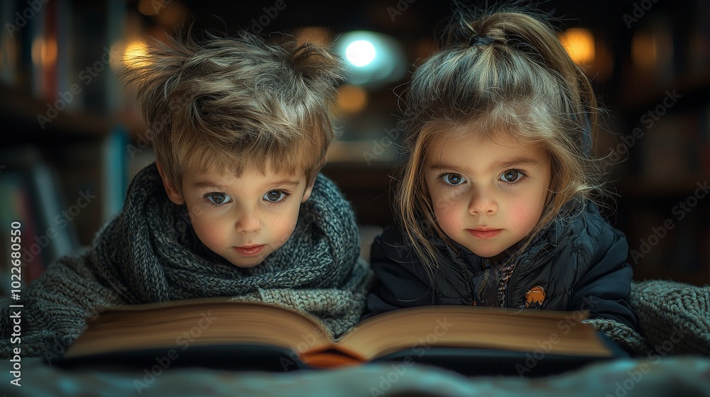 Two children reading a book in a cozy library setting, immersed in a story. Two children reading a book in a cozy library setting, immersed in a story.
