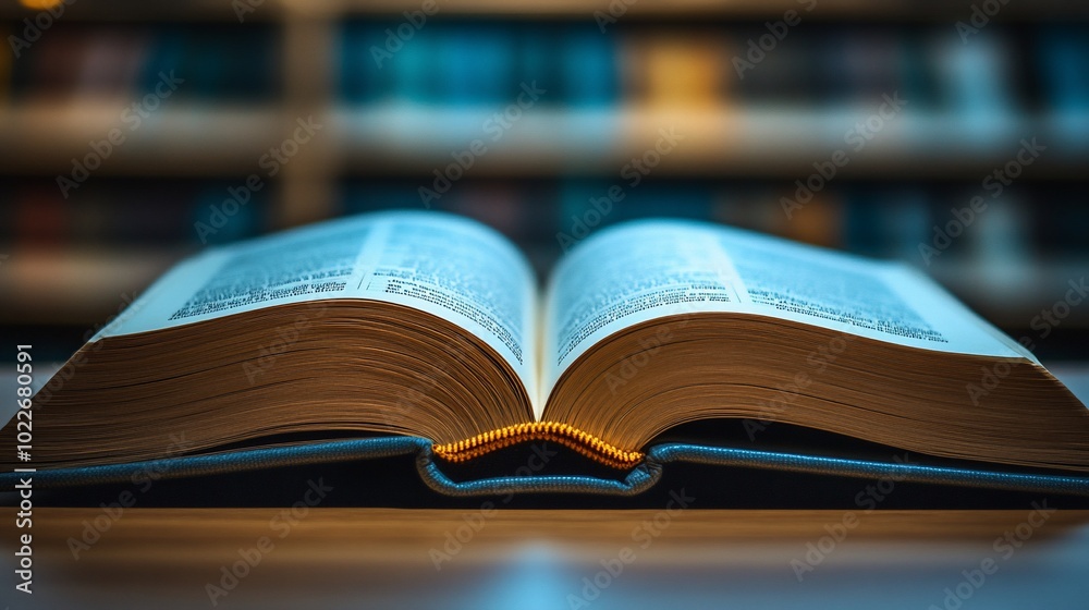 Open book with blurred bookshelf in the background. Open book with blurred bookshelf in the background.