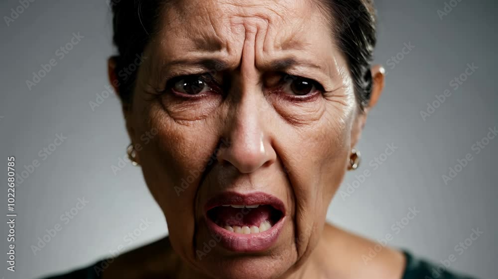 Dramatic close-up video of a middle-aged woman expressing anger with static camera movement, dramatic side lighting, and a neutral grey background