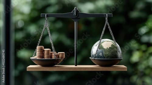 Elegant balance scale with a globe on one side and stacks of coins on the other, symbolizing the balance between economy and environment, set against a blurred green background.