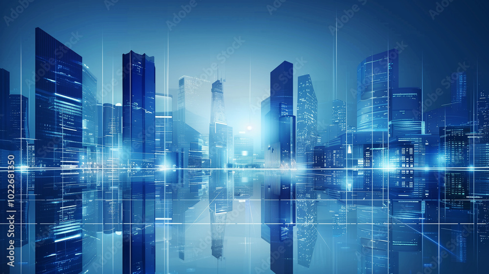 Blue Urban Business Concept with Glass Skyscrapers and Reflective Office Towers, Highlighting Modern Architecture and Skyline Design Blue Urban Business Concept with Glass Skyscrapers and Reflective Office Towers, Highlighting Modern Architecture and Skyline Design