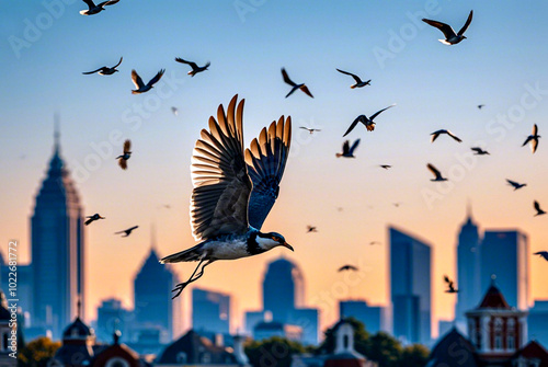 birds flying around the beautiful city photo