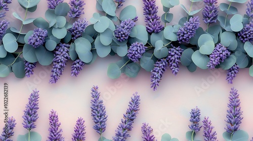 Soft lavender and eucalyptus leaves, seamlessly intertwined in a pastel-toned floral pattern, hd quality, delicate flower details, subtle shadows, smooth background texture,