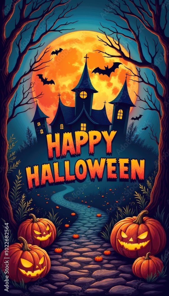 Fototapeta premium Halloween background with text Happy Halloween. Colorfull poster in cartoon style