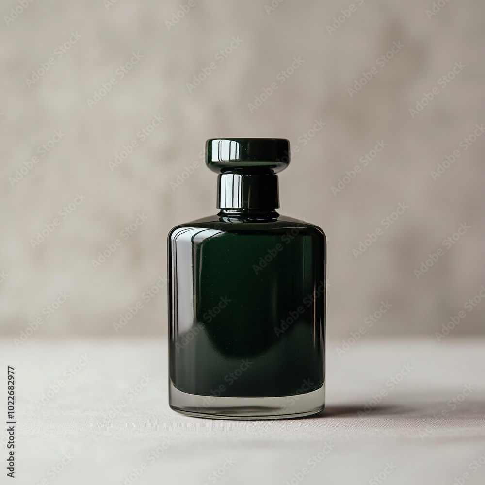 A dark green bottle of perfume against light grey background A dark green bottle of perfume against light grey background