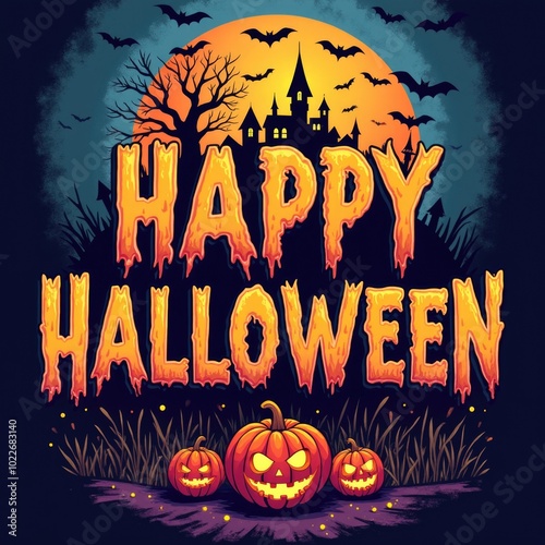 Halloween background with text Happy Halloween. Colorfull poster in cartoon style photo