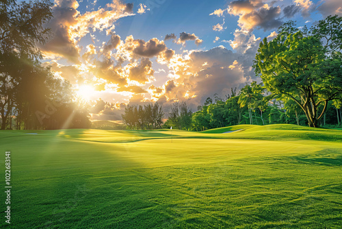 golf course at sunset with beautiful sky, clouds and green grass