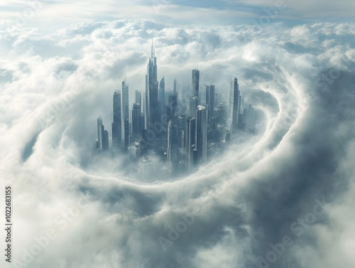 Futuristic Skyline Emerging from Swirling Clouds and Mist