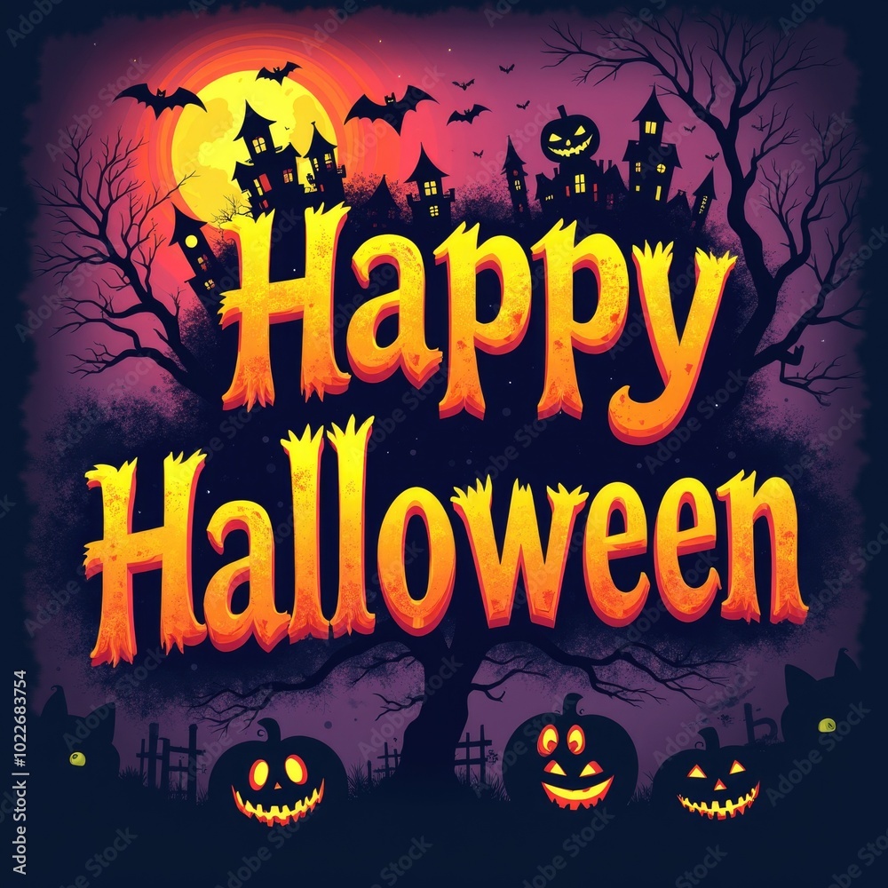 Halloween background with text Happy Halloween. Colorfull poster in cartoon style Halloween background with text Happy Halloween. Colorfull poster in cartoon style