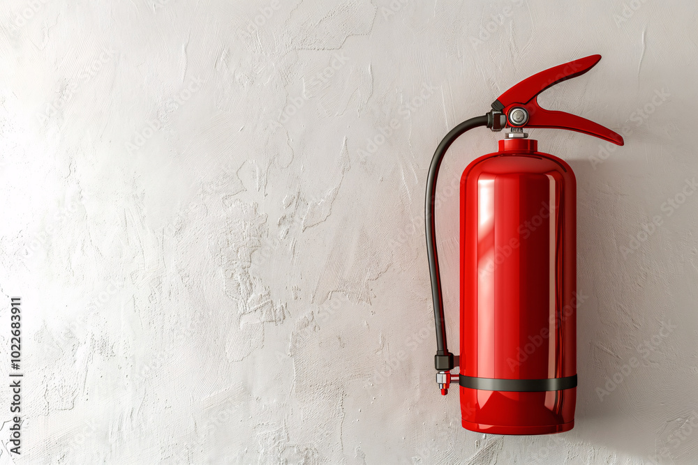 red fire extinguisher on white wall with copy space for text red fire extinguisher on white wall with copy space for text