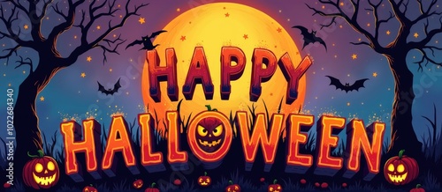 Halloween background with text Happy Halloween. Colorfull poster in cartoon style