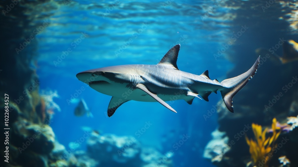 A grey reef shark swims gracefully through the clear blue water of an aquarium. A grey reef shark swims gracefully through the clear blue water of an aquarium.