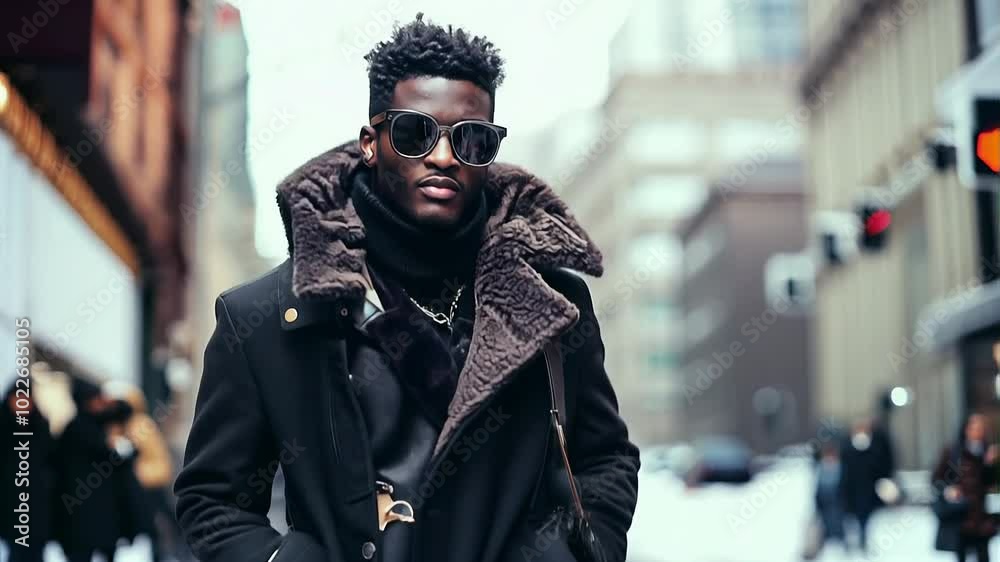 Stylish Man Walking on Winter City Street in Slow Motion Stylish Man Walking on Winter City Street in Slow Motion